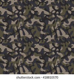 Seamless camouflage pattern. Color scheme: dark green, gray & beige woodland.