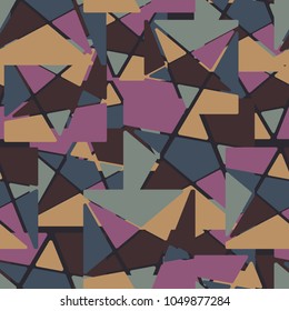 A seamless camouflage pattern consisting of squares cut by a five-pointed star into multi-colored fragments. Fashionable texture.