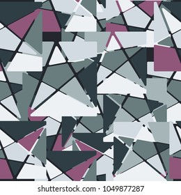 A seamless camouflage pattern consisting of squares cut by a five-pointed star into multi-colored fragments. Fashionable texture.