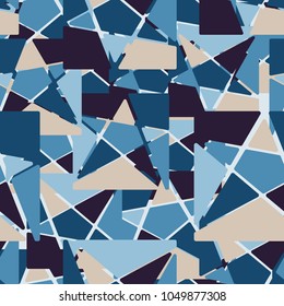A seamless camouflage pattern consisting of squares cut by a five-pointed star into multi-colored fragments. Fashionable texture.