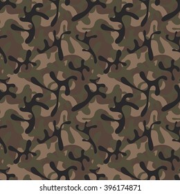Seamless camouflage pattern in dark brown & khaki woodland colors. Military & hunting style camo print. Army & safari  textile design. 