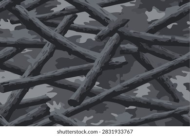 A seamless camouflage pattern of dark and light gray with intertwined twigs. The designed is in high reolution for detailed texturing and shading.