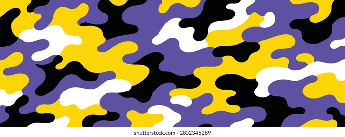Seamless camouflage pattern design with organic shapes in vibrant purple, yellow, black, and white colors. Modern military-style vector background.