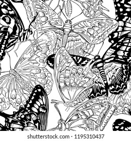 Seamless camouflage pattern. Different Exotic butterflies. Textile composition, hand drawn style print. Vector black and white illustration.