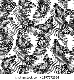Seamless camouflage pattern. Different Exotic butterflies and fern leaf. Textile composition, hand drawn style print. Vector black and white illustration.
