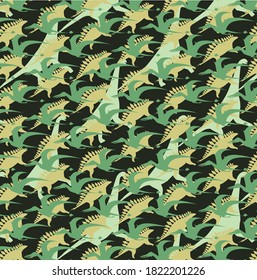 Seamless camouflage pattern with dinosaurs pterodactils, brahiosauruses, stegosauruses