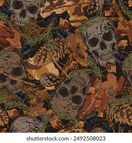 Seamless camouflage pattern with forest litter, nature elements, human skull. Dry sticks, cones, pine needles, bark pieces. For apparel, fabric, textile, sport goods.