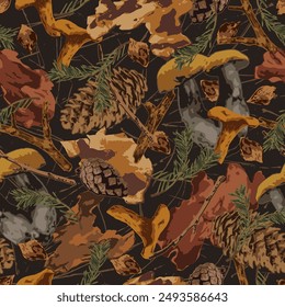 Seamless camouflage pattern with forest litter, nature elements. Dry sticks, cones, pine needles, bark pieces. Wild nature. For apparel, fabric, textile, sport goods.