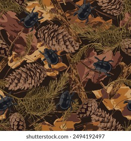 Seamless camouflage pattern with forest litter, nature objects. Dry sticks, cones, pine needles, bark pieces, crawling dung beetle. Wild nature. For apparel, fabric, textile, sport goods.