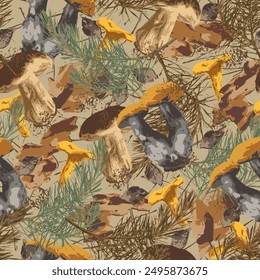 Seamless camouflage pattern with forest litter, nature elements. Dry spruce branches, bark pieces, mushrooms. Wild nature. For apparel, fabric, textile, sport goods.