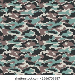 seamless camouflage pattern in green, brown, black, and beige, ideal for military, hunting, and outdoor themes, offering excellent concealment and disguise in nature