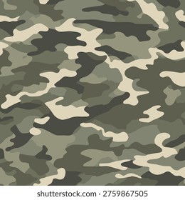 Seamless Camouflage Pattern with Green Olive and Beige Shapes Military Army Woodland Style Vector Background for Hunting Tactical Gear Fabric Wallpaper Scrapbooking Digital Paper Outdoor Clothing.