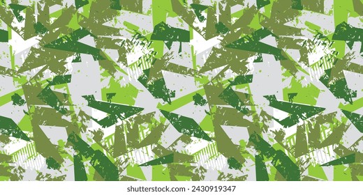 Patrón de camuflaje sin costuras con fondo de textura grunge, elementos de mordida. Estampado Shabby texturizado en colores verde y gris.