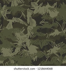 Seamless camouflage pattern in hand drawn doodle style. Abstract modern military and hunting texture for fabric textile print. Vector background.