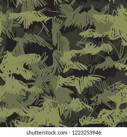 Seamless camouflage pattern in hand drawn doodle style. Abstract modern military and hunting texture for fabric textile print. Vector background.