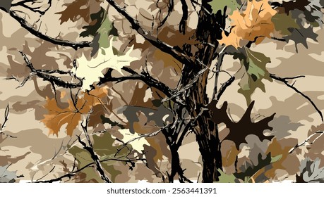 Seamless camouflage pattern for hunting. Hunting camouflage background. Realistic forest camouflage for hunting and military purpose. Deer and duck hunting
