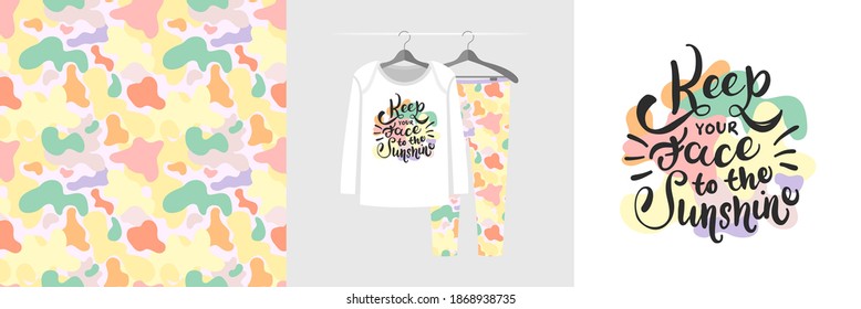 Seamless camouflage pattern and illustration set with lettering Keep your face to the sunshine. Cute design pajamas on hanger. Baby background for clothes, room decor, t-shirt, invitation, wrapping