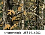 A seamless camouflage pattern inspired by forest terrain, ideal for hunting and military apparel, featuring a mix of earthy tones and natural woodland shapes