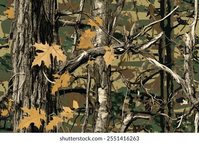 A seamless camouflage pattern inspired by forest terrain, ideal for hunting and military apparel, featuring a mix of earthy tones and natural woodland shapes