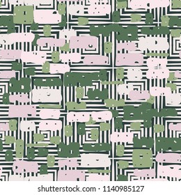 A seamless camouflage pattern made up of brick-like colored spots. The background of the picture is a texture composed of squares consisting of concentric squares.