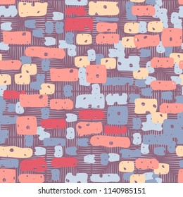 A seamless camouflage pattern made up of brick-like colored spots. The background of the picture is a texture composed of squares consisting of sloppy lines.