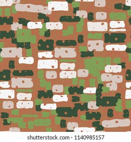 A seamless camouflage pattern made up of brick-like colored spots. The background of the picture is a texture composed of squares consisting of sloppy lines.
