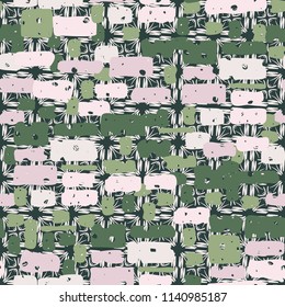 A seamless camouflage pattern made up of brick-like colored spots. The background of the picture is a texture made up of carelessly drawn crosses.