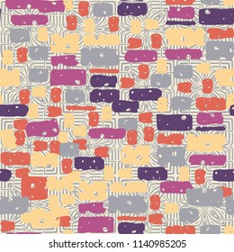 A seamless camouflage pattern made up of brick-like colored spots. The background of the picture is a texture composed of symbolic colors and squares.