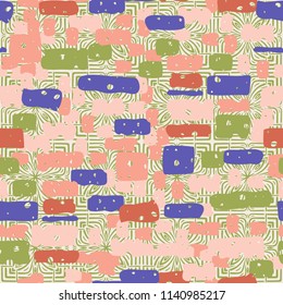 A seamless camouflage pattern made up of brick-like colored spots. The background of the picture is a texture composed of symbolic colors and squares.