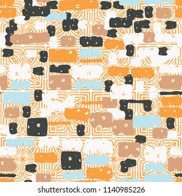 A seamless camouflage pattern made up of brick-like colored spots. The background of the picture is a texture composed of symbolic colors and squares.