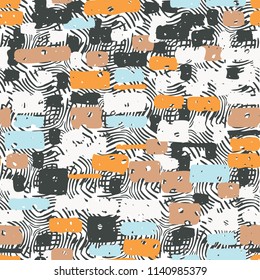 A seamless camouflage pattern made up of brick-like colored spots. The background of the picture is a texture composed of curved lines.