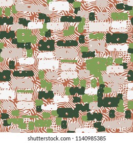 A seamless camouflage pattern made up of brick-like colored spots. The background of the picture is a texture composed of curved lines.