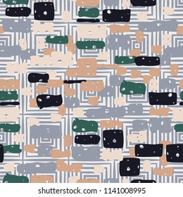 A seamless camouflage pattern made up of brick-like colored spots. The background of the picture is a texture composed of squares consisting of concentric squares.