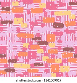 A seamless camouflage pattern made up of brick-like colored spots. The background of the picture is a texture composed of squares consisting of concentric squares.