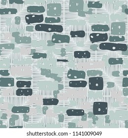 A seamless camouflage pattern made up of brick-like colored spots. The background of the picture is a texture composed of squares consisting of sloppy lines.