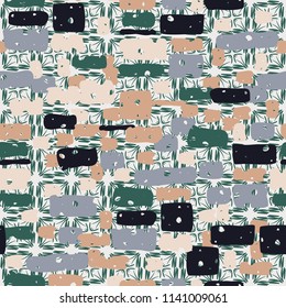 A seamless camouflage pattern made up of brick-like colored spots. The background of the picture is a texture made up of carelessly drawn crosses.