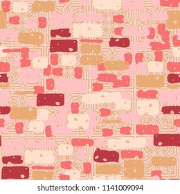 A seamless camouflage pattern made up of brick-like colored spots. The background of the picture is a texture composed of symbolic colors and squares.