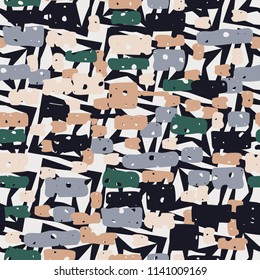 A seamless camouflage pattern made up of brick-like colored spots. The background of the picture is a texture composed of four-pointed stars and squares.