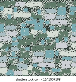 A seamless camouflage pattern made up of brick-like colored spots. The background of the picture is a texture composed of contour seven-pointed stars.