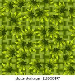 Seamless camouflage pattern made from hemp leaves on a checkered background.