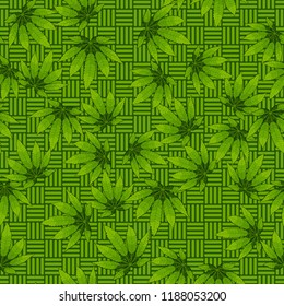 Seamless camouflage pattern made from hemp leaves on a checkered background.