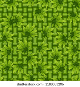 Seamless camouflage pattern made from hemp leaves on a checkered background.