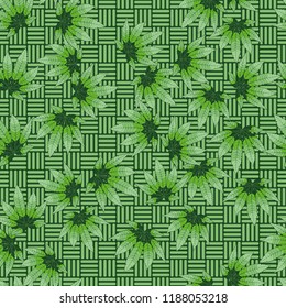 Seamless camouflage pattern made from hemp leaves on a checkered background.
