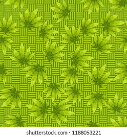Seamless camouflage pattern made from hemp leaves on a checkered background.
