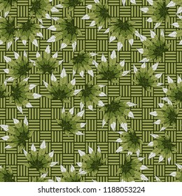 Seamless camouflage pattern made from hemp leaves on a checkered background.