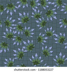 Seamless camouflage pattern made from hemp leaves on a checkered background.