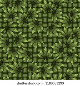 Seamless camouflage pattern made from hemp leaves on a checkered background.