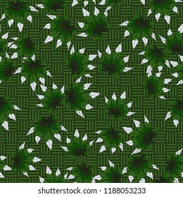 Seamless camouflage pattern made from hemp leaves on a checkered background.
