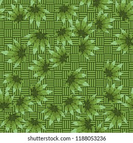 Seamless camouflage pattern made from hemp leaves on a checkered background.