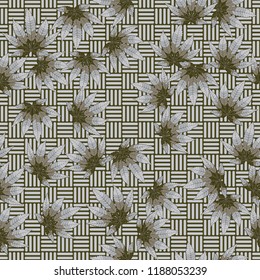 Seamless camouflage pattern made from hemp leaves on a checkered background.